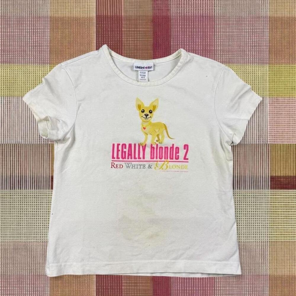 Vintage Y2K 2000s Legally Blonde 2 White Baby Tee with Yellow Chihuahua Graphic